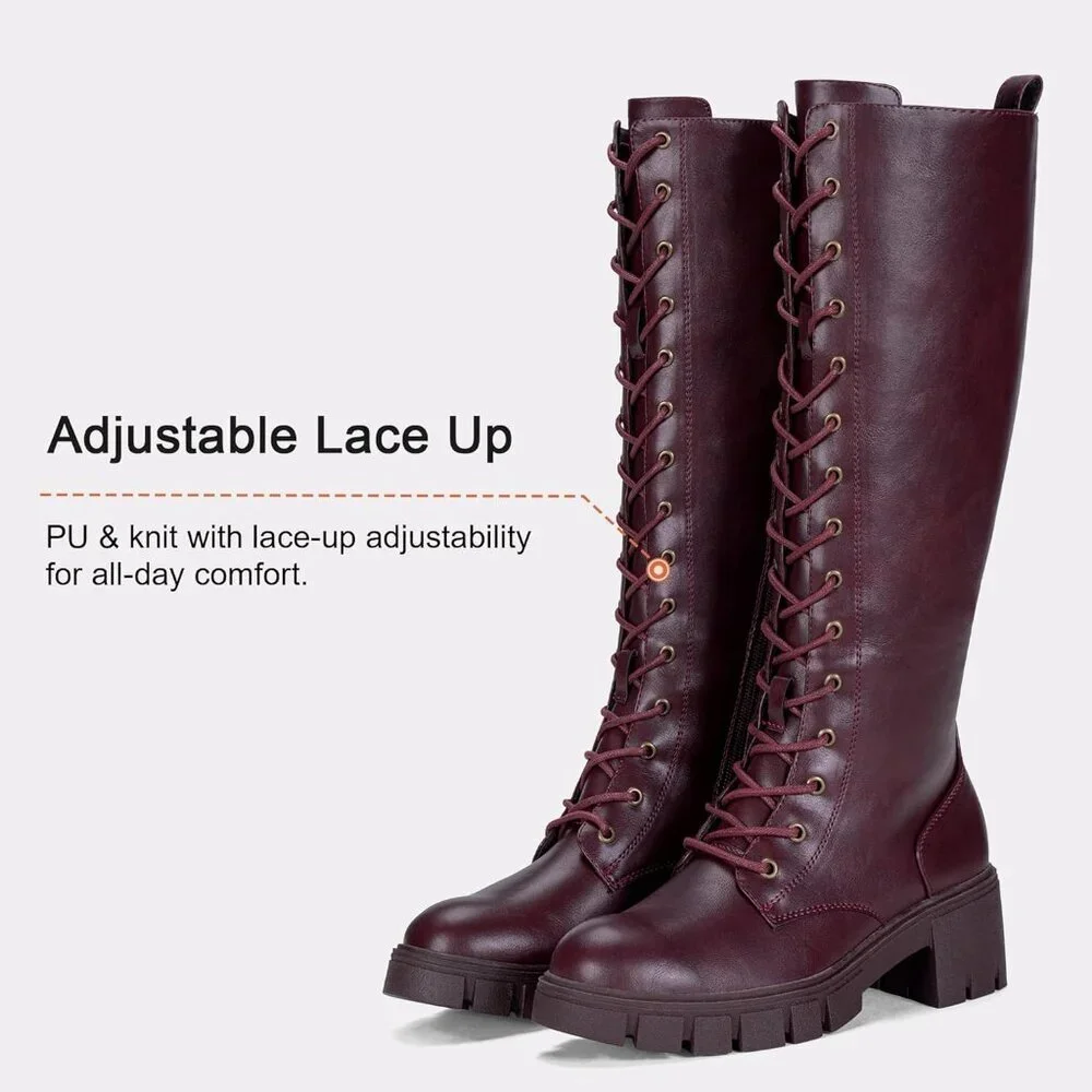 Women's Red Pu 953 Chunky Platform Heel Lace Gothic Knee High Combat Boots